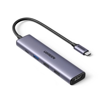 UGREEN HUB 5in1 USB-C To 4K@30Hz HDMI + 2*USB-A 2.0 + 1*USB-A 3.0 PD 100W, Grey