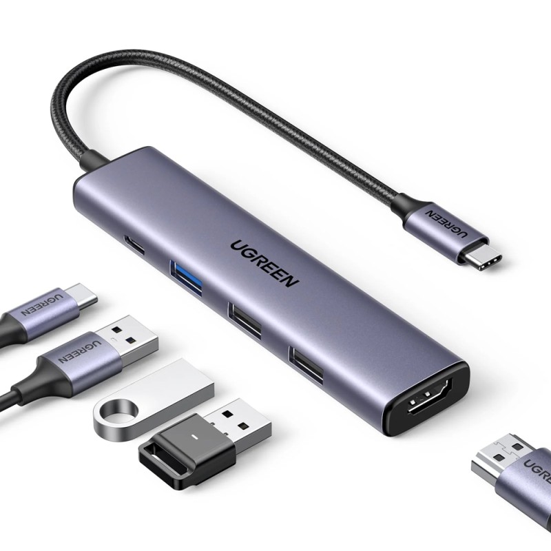 UGREEN HUB 5in1 USB-C To 4K@30Hz HDMI + 2*USB-A 2.0 + 1*USB-A 3.0 PD 100W, Grey