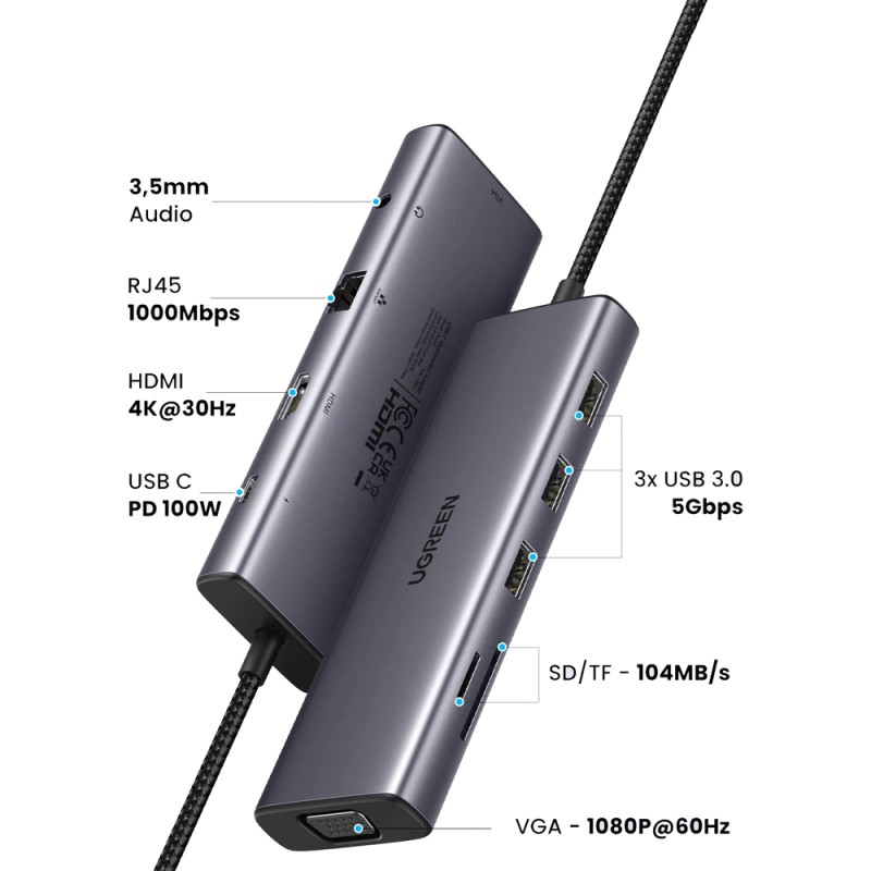 UGREEN HUB 10 in 1 Type-C to 1*HDMI 4K@60Hz + 3*USB-A 3.0 + VGA + LAN + Audio 3.5mm+SD/Micro+ PD 100W CM498, Space Gray