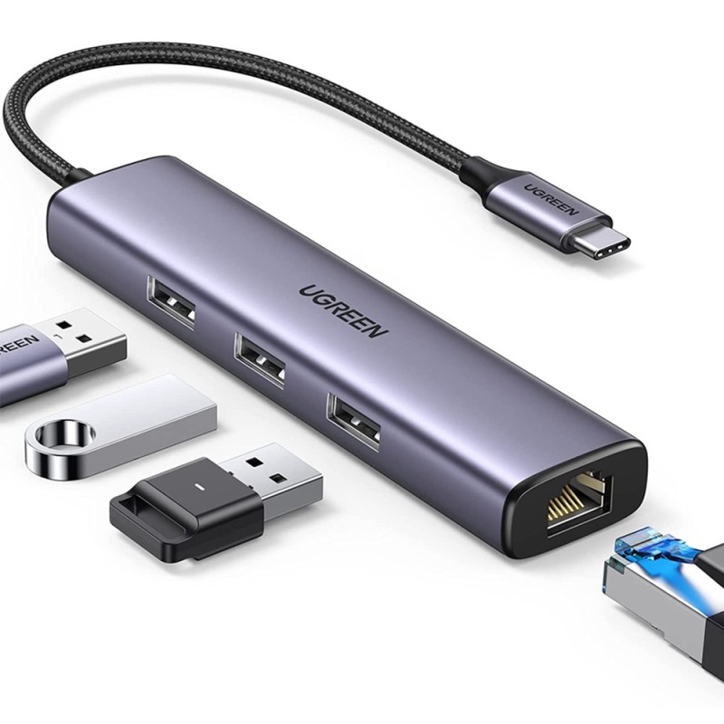 UGREEN HUB 4in1 USB 3.0 to 3*USB 3.0 + Gigabit RJ45 0.28M, Black