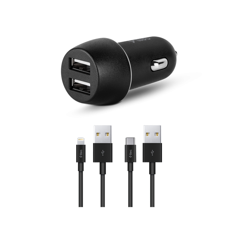 ttec Car Charger Duo 2*USB-A 3.1A with Lightning and Type-C Cable, Black