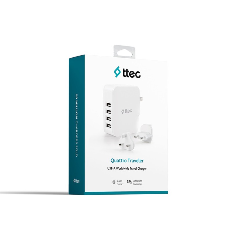 ttec Wall Charger 4*USB-A 5.1A 25W, White 