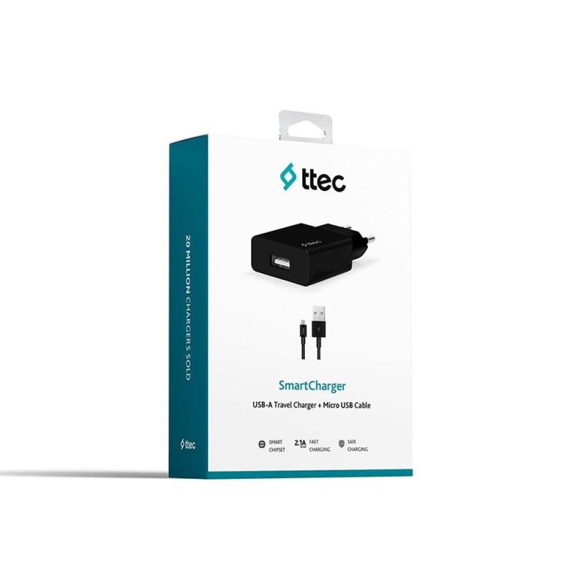 ttec Wall Charger with Cable USB to Micro USB 2.1A (1.2m) Smart Travel, Black