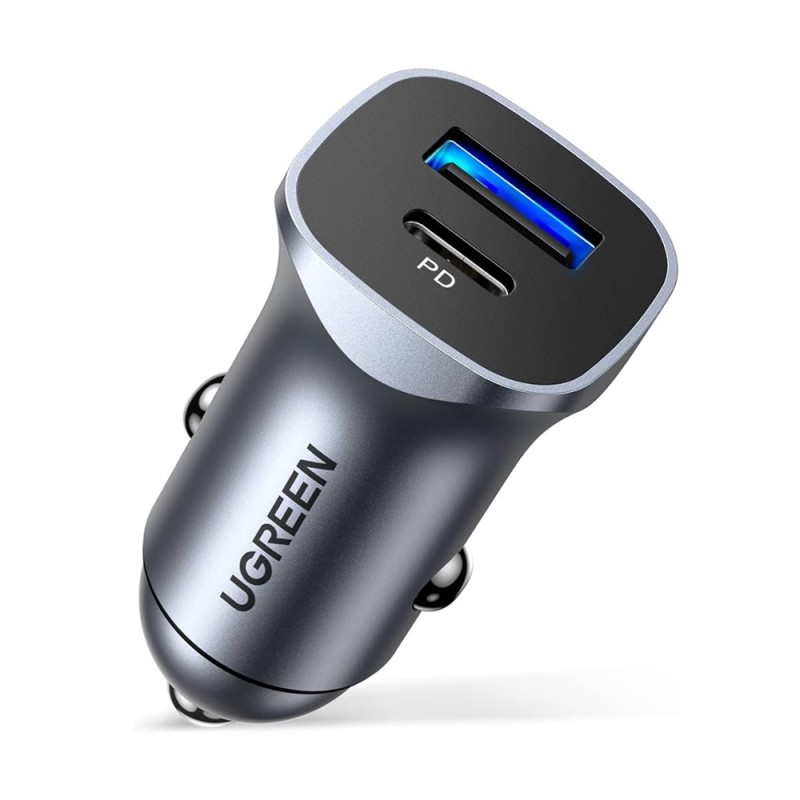 UGREEN Car Charger 1*USB-A + 1*Type-C Aluminum PD & QC 3A 24W, Silver