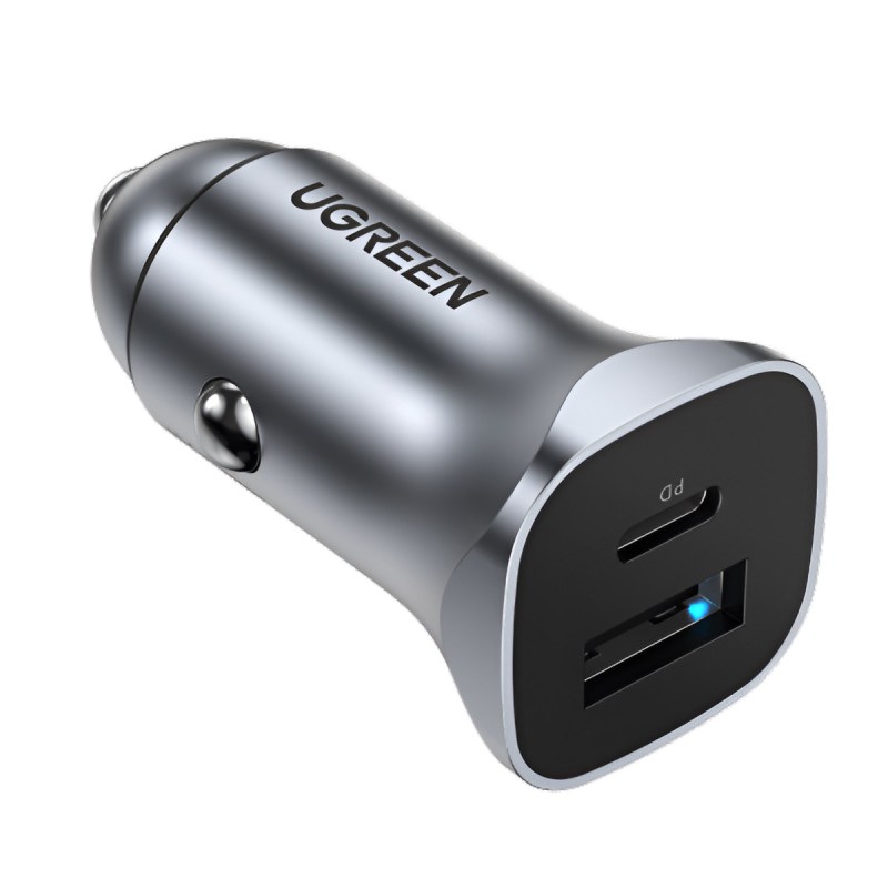 UGREEN Car Charger 1*USB-A + 1*Type-C Aluminum PD & QC 3A 24W, Silver