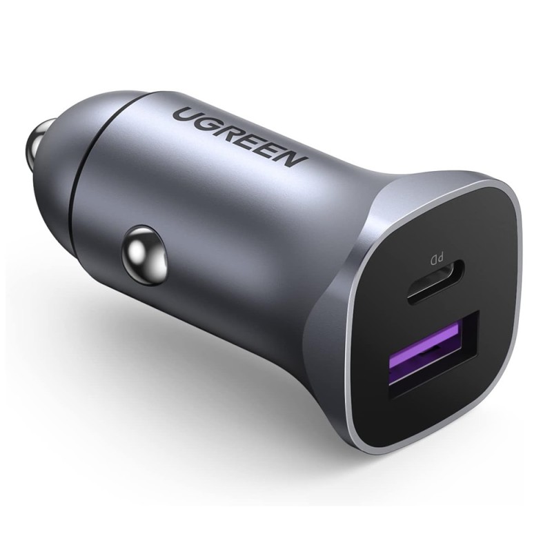 UGREEN Car Charger 1*USB-A + 1*Type-C Aluminum PD & QC 3A 24W, Silver