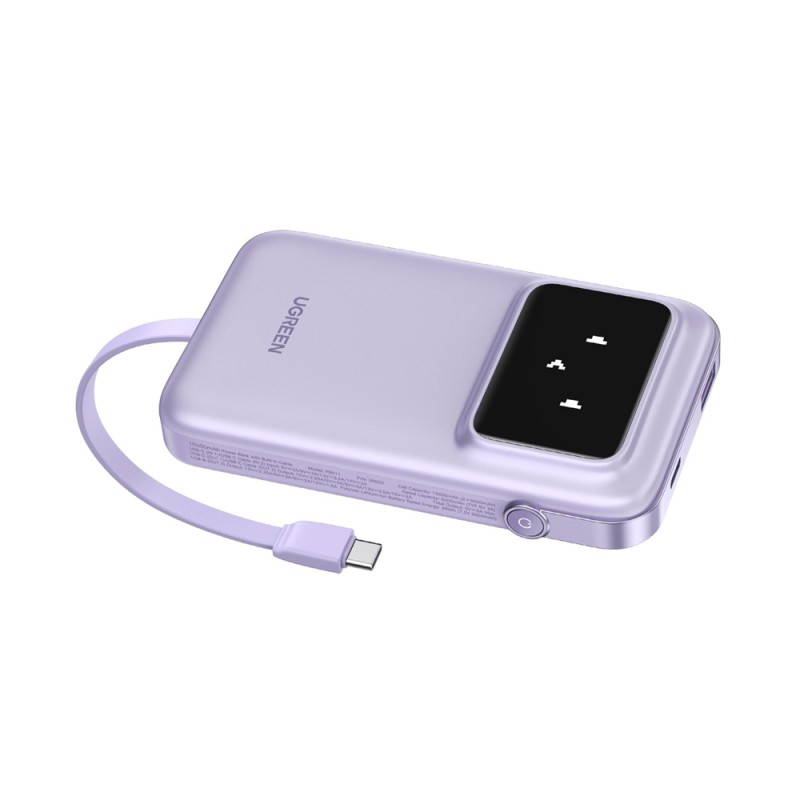 UGREEN Power Bank Uno Series 10000mAh, 30W, with Built-in USB-C Cable, Purple