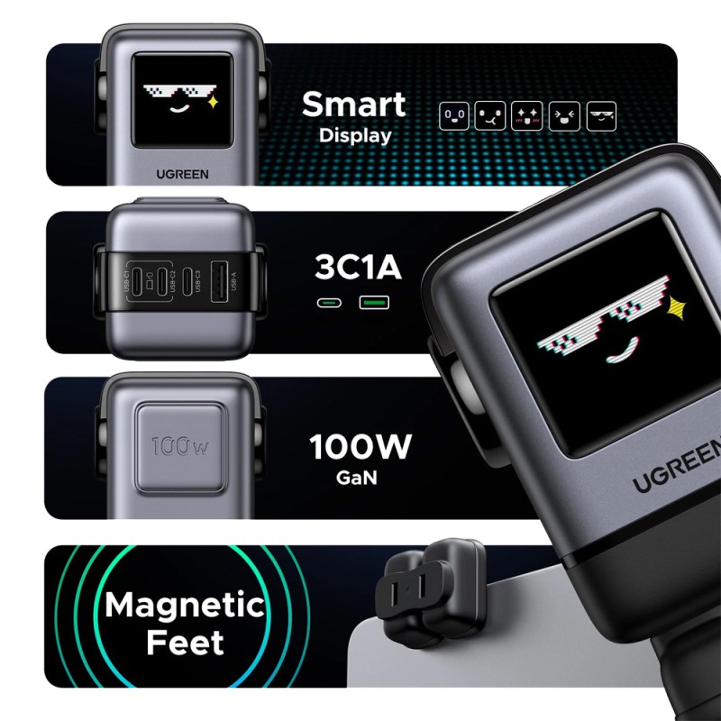 UGREEN UNO Robot GaN Quick Charger 3xType-C+1*USB-A 100W, Black