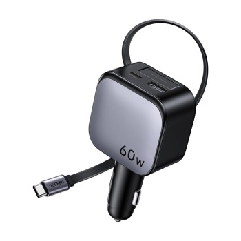 UGREEN Car Charger 1*Type-C+1*USB-A with Type-C Cable Retractable, 60W, Black | EC602