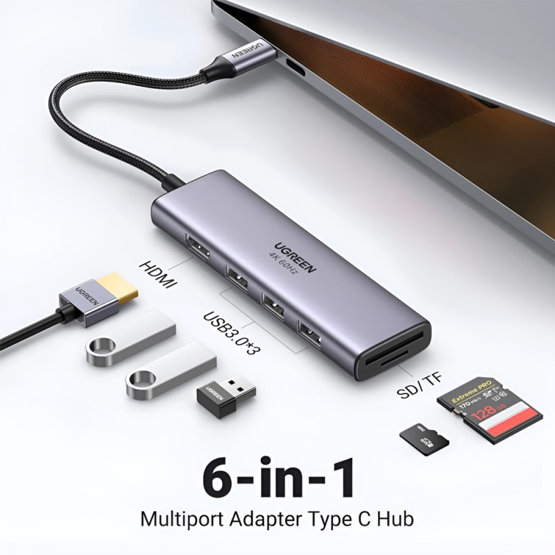 UGREEN HUB 6in1 Type-C 3.0 to HDMI 4K@60Hz + 3*USB-A 3.0 + SD/TF Converter CM511, Silver