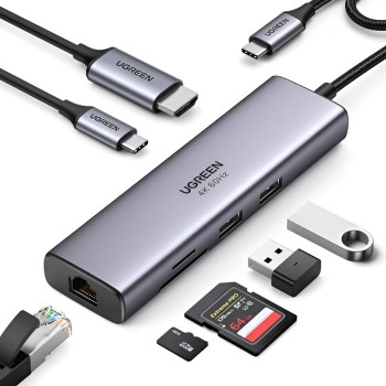 UGREEN HUB 7in1 Type-C 3.0 to + 2*USB 3.0 + HDMI + Gigabit RJ45 + SD/TF + PD 95W CM512, Grey