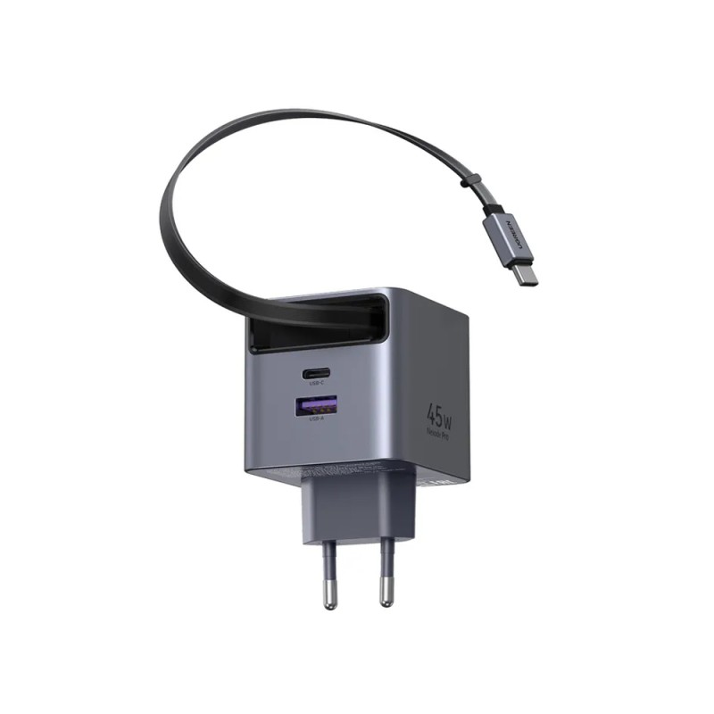 UGREEN GaN Quick Charger 1*Type-C + 1*USB-A with Cable Type-C Retractable, 45W, Black | X614