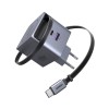 UGREEN GaN Quick Charger 1*Type-C + 1*USB-A with Cable Type-C Retractable, 45W, Black | X614