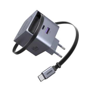 UGREEN GaN Quick Charger 1*Type-C + 1*USB-A with Cable Type-C Retractable, 45W, Black | X614