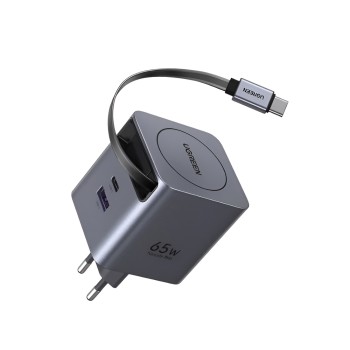 UGREEN GaN Quick Charger 1*Type-C + 1*USB-A with Cable Type-C Retractable, 65W, Black | X615