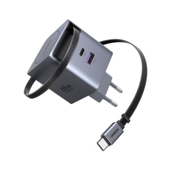 UGREEN GaN Quick Charger 1*Type-C + 1*USB-A with Cable Type-C Retractable, 65W, Black | X615