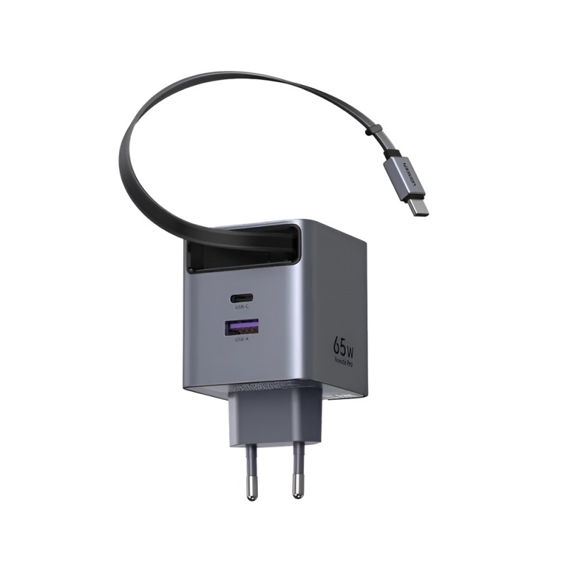 UGREEN GaN Quick Charger 1*Type-C + 1*USB-A with Cable Type-C Retractable, 65W, Black | X615