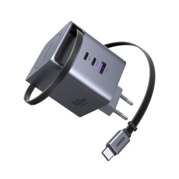 UGREEN GaN Quick Charger 2*Type-C + 1*USB-A with Cable Type-C Retractable, 100W, Black | X616