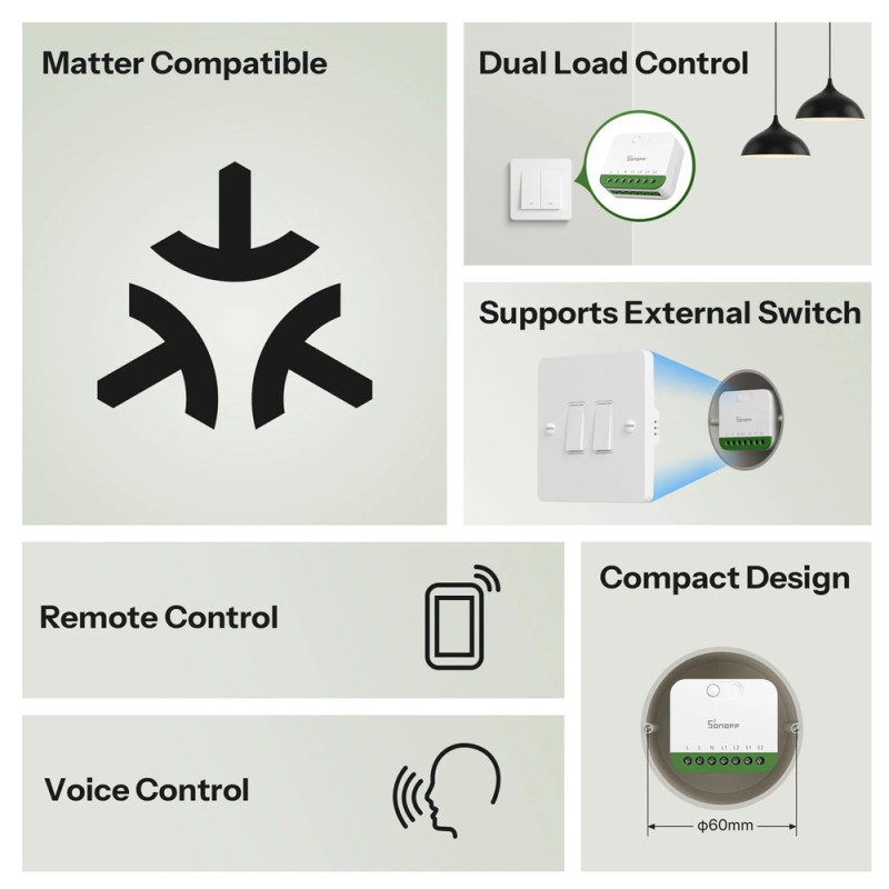 Sonoff Matter Over Wi-Fi Smart Switch MINI-2GS Mini Duo 2-Gang (Neutral Required)
