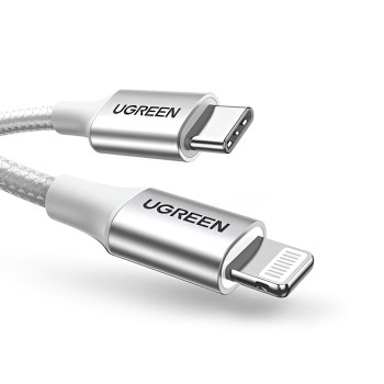 UGREEN Cable Type-C to Lightning MFI, 3A, 1M, Shell Braided, US304, Silver