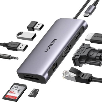 UGREEN HUB 10in1 Type-C 3.0 to 3*USB 3.0 + HDMI + VGA + Gigabit RJ45 +SD/TF + 3.5mm Audio PD 100W CM681, Space Gray