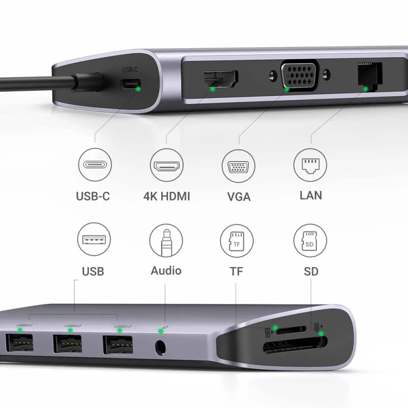 UGREEN HUB 10in1 Type-C 3.0 to 3*USB 3.0 + HDMI + VGA + Gigabit RJ45 +SD/TF + 3.5mm Audio PD 100W CM681, Space Gray
