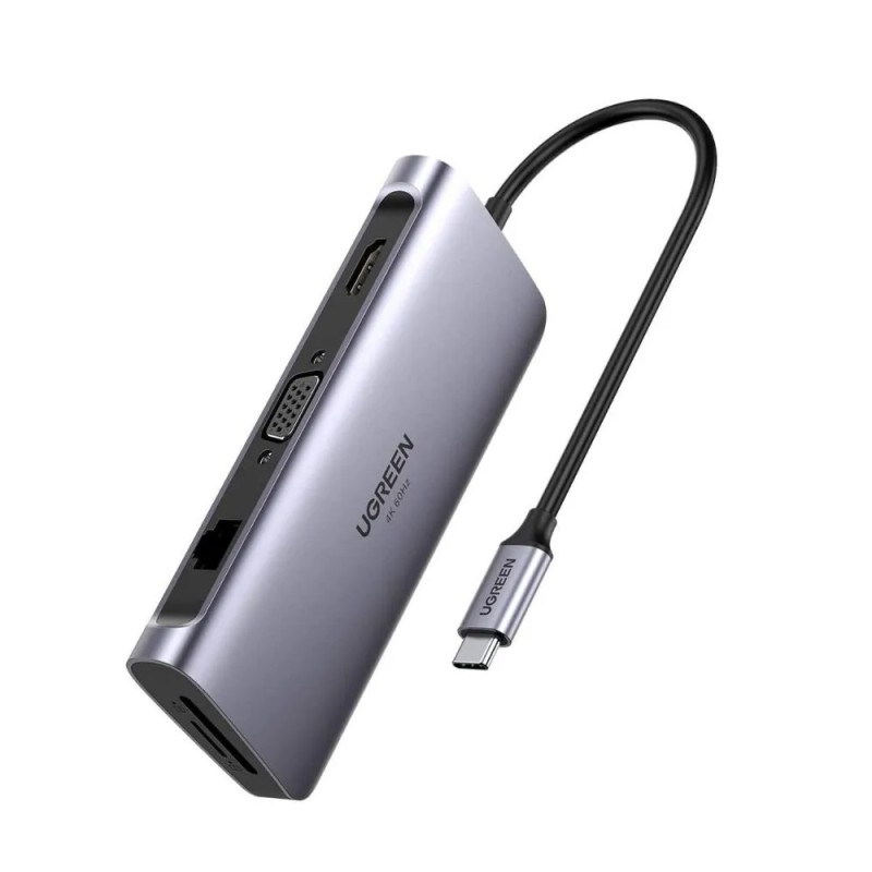UGREEN HUB 10in1 Type-C 3.0 to 3*USB 3.0 + HDMI + VGA + Gigabit RJ45 +SD/TF + 3.5mm Audio PD 100W CM681, Space Gray