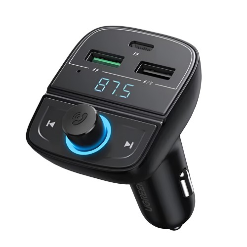 UGREEN FM Bluetooth Transmitter V5.0 + Car Charger 1*USB-A 3.0 QC3.0 + 1*Type-A 2.0 + 1*USB-C PD + TF Slot CD229, Black