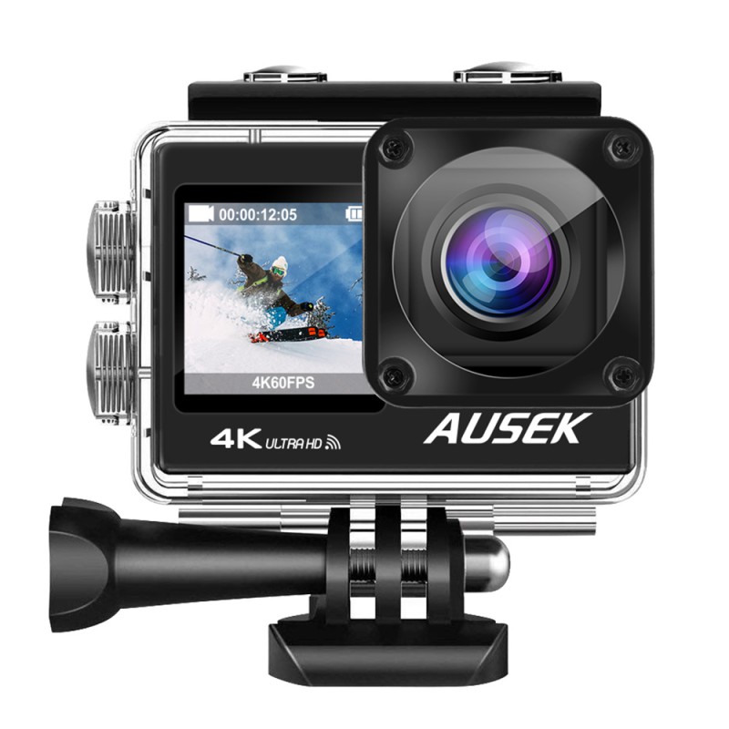 AUSEK WiFi action camera with dual color screen, 16MP, 4k/30fps, 900mAh, Black 