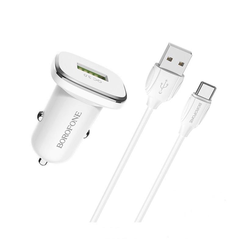 Borofone Car Charger USB QC3.0 18W (Cable USB to Type-C) BZ12A Lasting, White