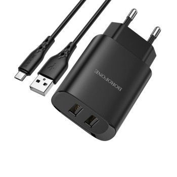 Borofone Wall Charger with Сable USB to Micro-USB 2xUSB 2.1A, Black	