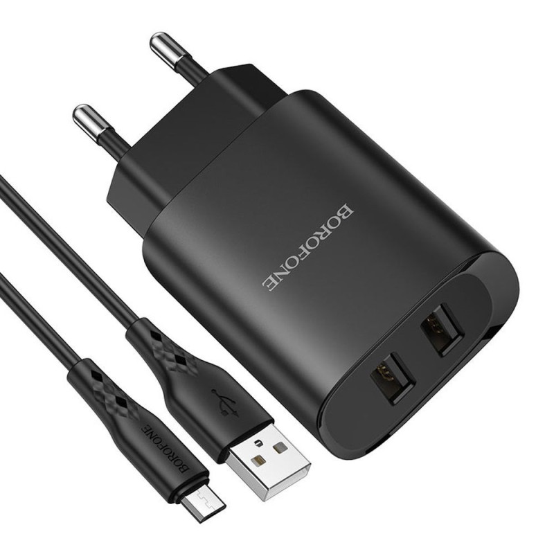 Borofone Wall Charger with Сable USB to Micro-USB 2xUSB 2.1A, Black	