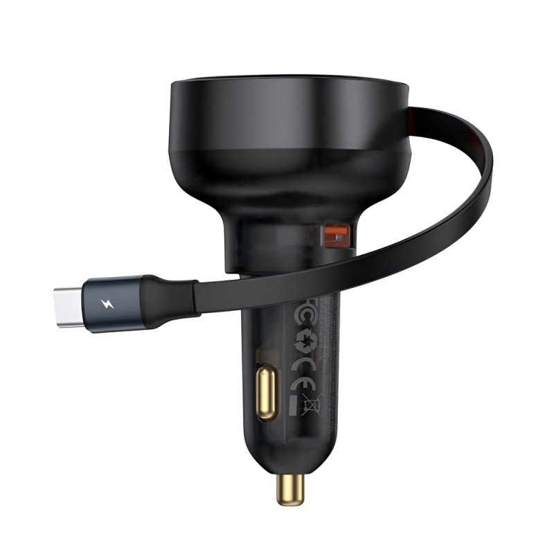 Baseus Car Charger Retractable  Enjoyment Pro Type-C with Cable 60W Cluster, Black
