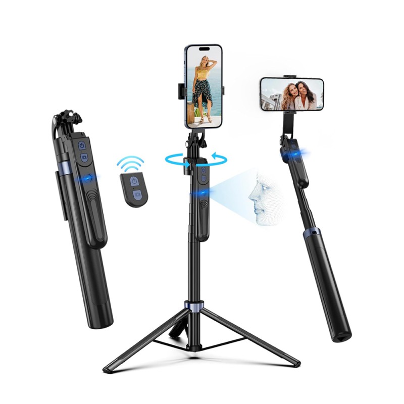 Tripod Auto Face Tracking AI 360 Removable Design With Remote Controller Selfie C12, 1,8m, Black