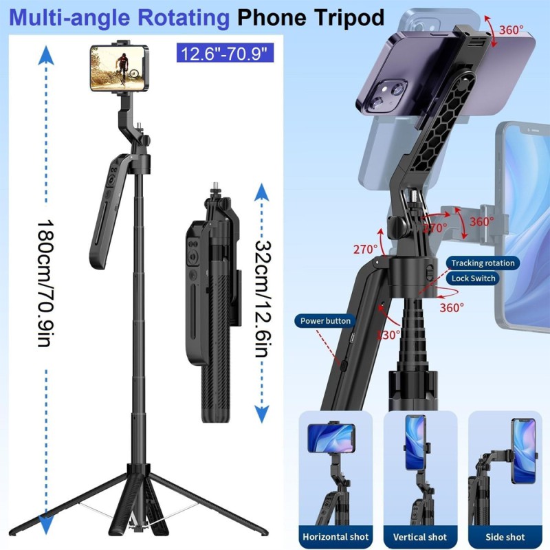 Tripod Auto Face Tracking AI 360 Removable Design With Remote Controller Selfie C12, 1,8m, Black