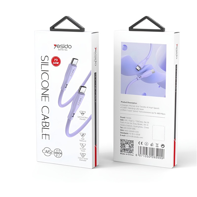 Yesido Cable Liquid Silicone Series Type-C to Type-C 60W 1m, Purple 
