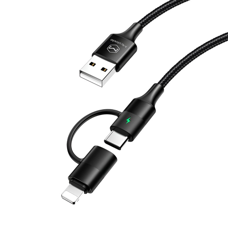 Mcdodo Cable Atom Series 2 in 1 USB-A to Lightning+Type-C with LED 2.4A 1.2m, Black