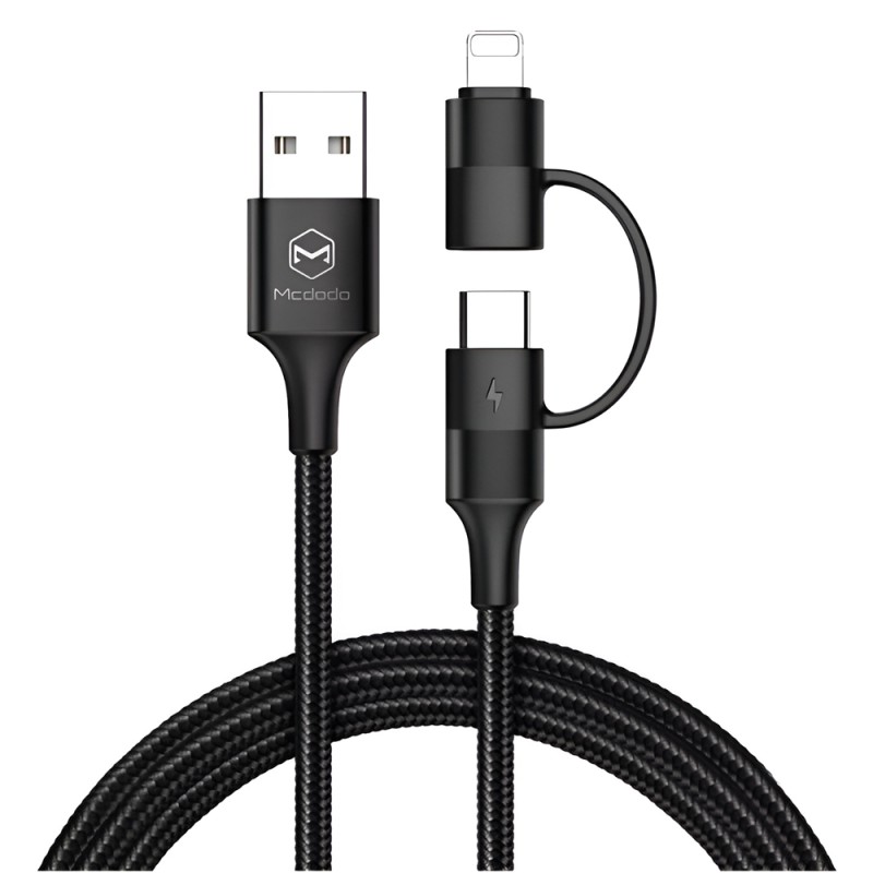 Mcdodo Cable Atom Series 2 in 1 USB-A to Lightning+Type-C with LED 2.4A 1.2m, Black
