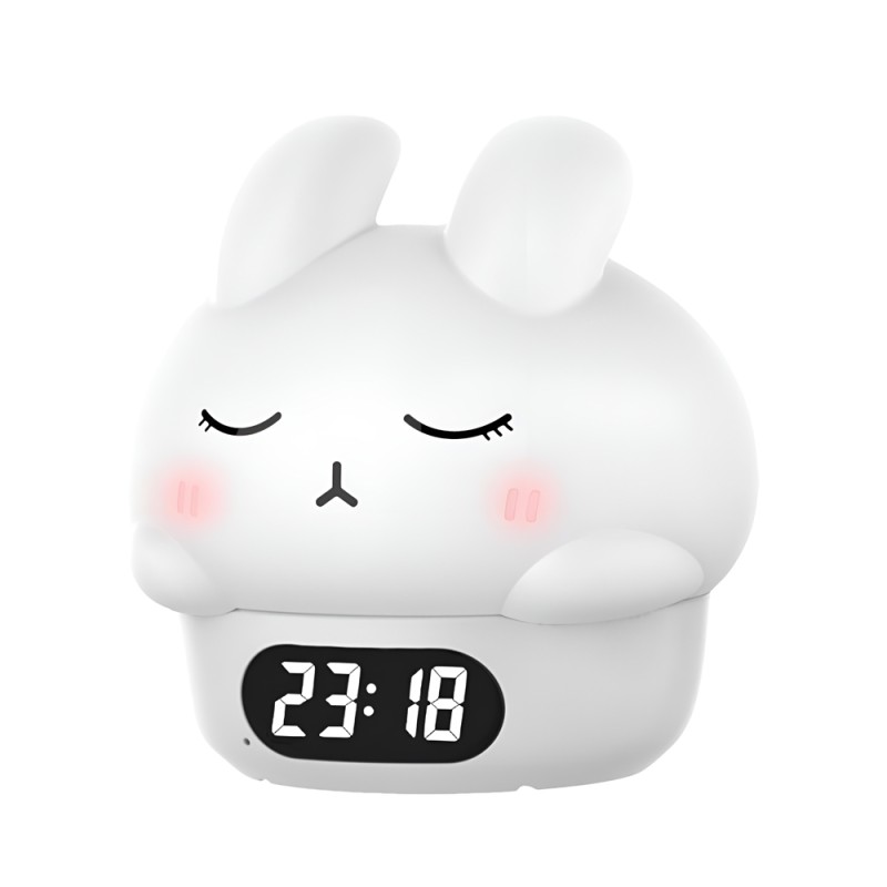 Cute Series Night Light Alarm Clock Tapping Shy Rabbit, White