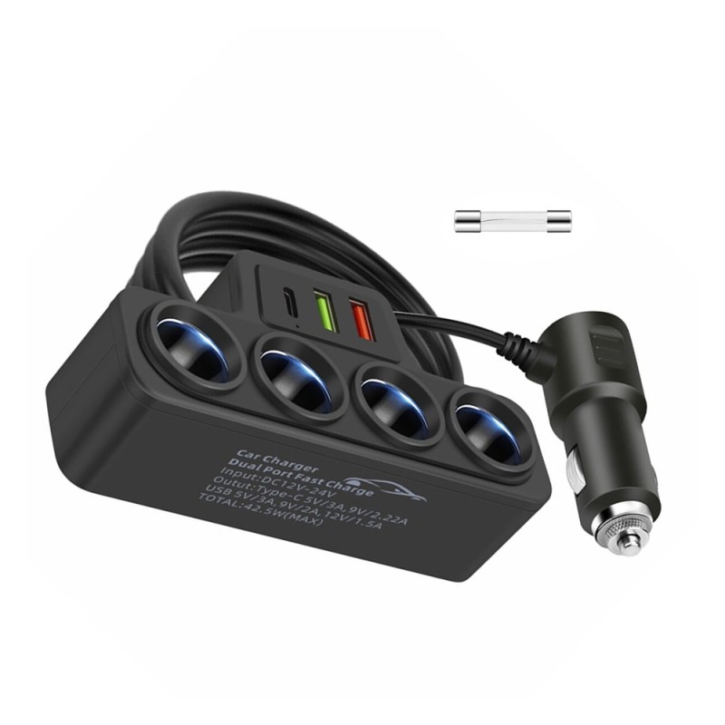 Car Cigarette Lighter Adapter 4 Sockets 120W, Black