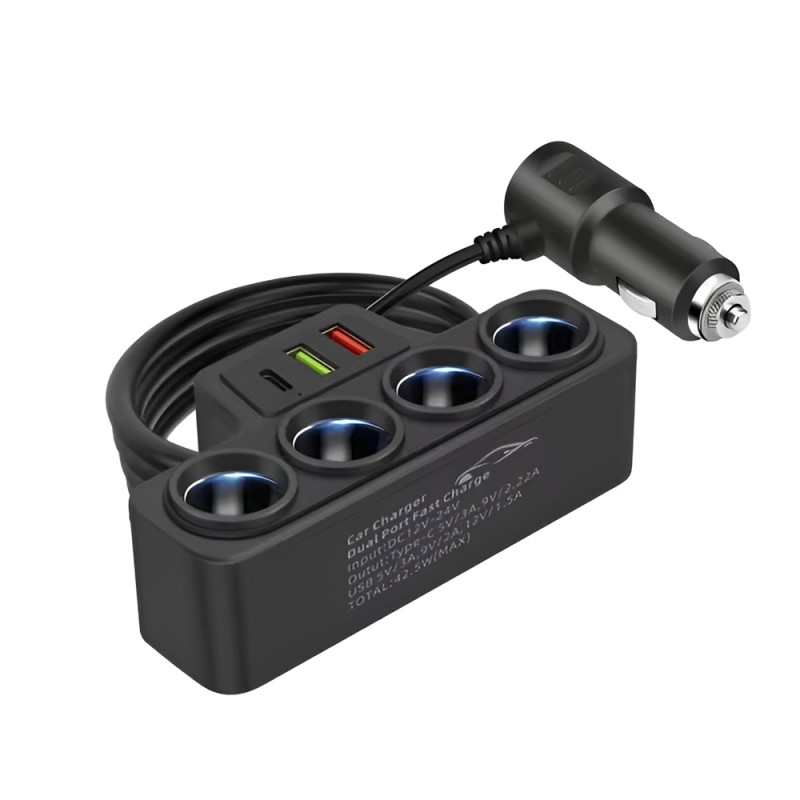 Car Cigarette Lighter Adapter 4 Sockets 120W, Black
