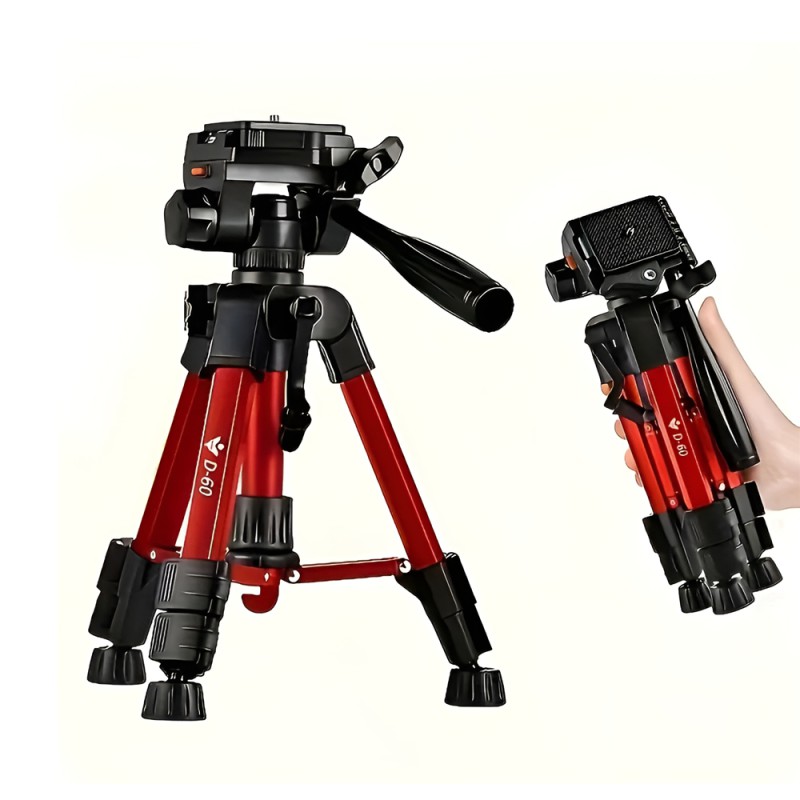 Tripod Photography Professional Aluminum 63cm (Locking Knob, Support Smooth 360°), Red D-60
