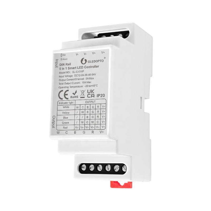Gledopto ZigBee Pro Din-rail 5in1 LED Strip Controller CCT/RGB/RGBW/RGBCCT/Dimmer (GL-C-011P), DC 12-54V, max 15A output, 36x59x91mm