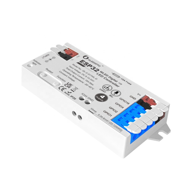 Gledopto ESP32 WLED Digital LED Strip Controller RGB/RGBW with 4-Output (GL-C-017WL-D), DC5~24V, max 15A output, max 800 ICs, SM16703P, SK6812, WS2811