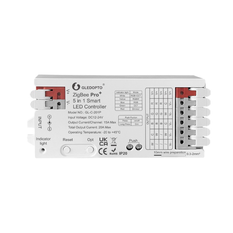 Gledopto ZigBee Pro+ 5in1 LED Controller CCT/RGB/RGBW/RGBCCT/Single Color (GL-C-201P), DC12~24V, 15A/CH, max 20A output
