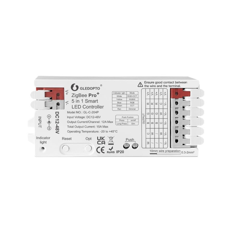 Gledopto ZigBee Pro+ 5in1 LED Controller CCT/RGB/RGBW/RGBCCT/Single Color (GL-C-204P), DC12~48V, 12A/CH, max 15A output