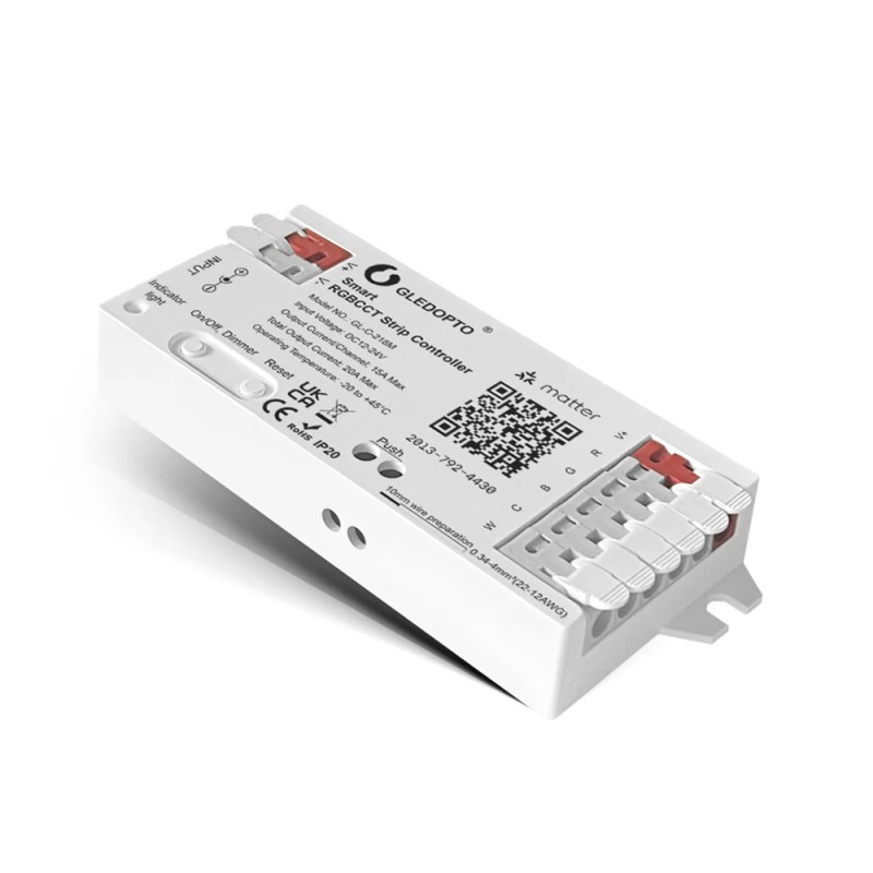 Gledopto Matter over WiFi Smart LED Controller RGB+CCT (GL-C-218M), Input DC12~24V, Output 15A/CH, max 20A in total, supports PUSH dimming.