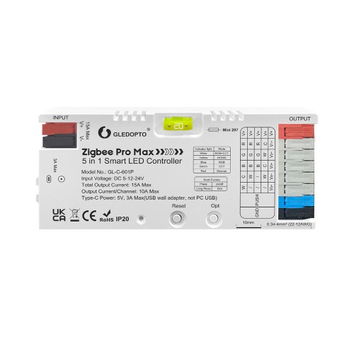 Gledopto ZigBee Pro Max 5in1 LED Controller CCT/RGB/RGBCCT/Single Color (GL-C-601P), Push Switch, DC5~24V, 10A/CH, total max 15A output