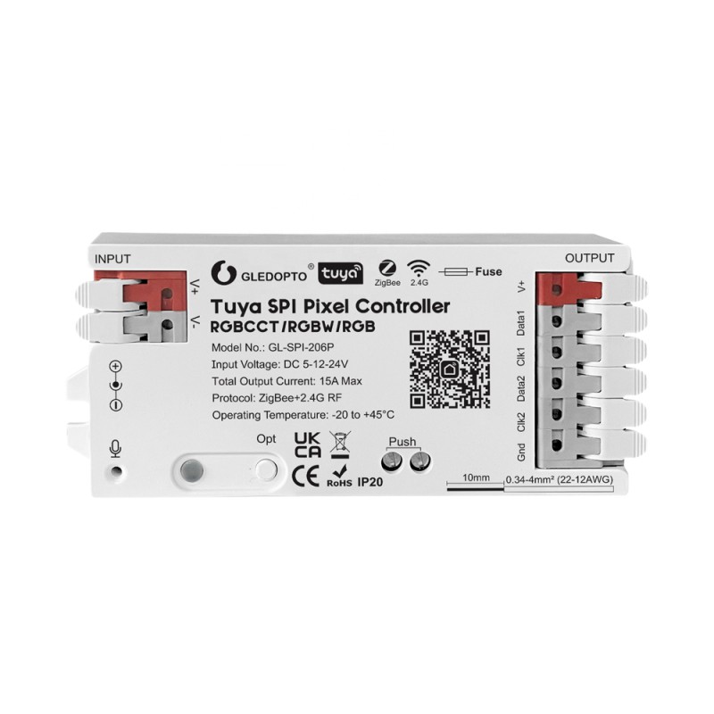 Gledopto Tuya ZigBee Pixel LED controller RGB/RGBW/RGBCCT (GL-SPI-206P), DC5~24V, 2*Channels, output signal SPI(TTL)×2 800Kbs, total max 15A output