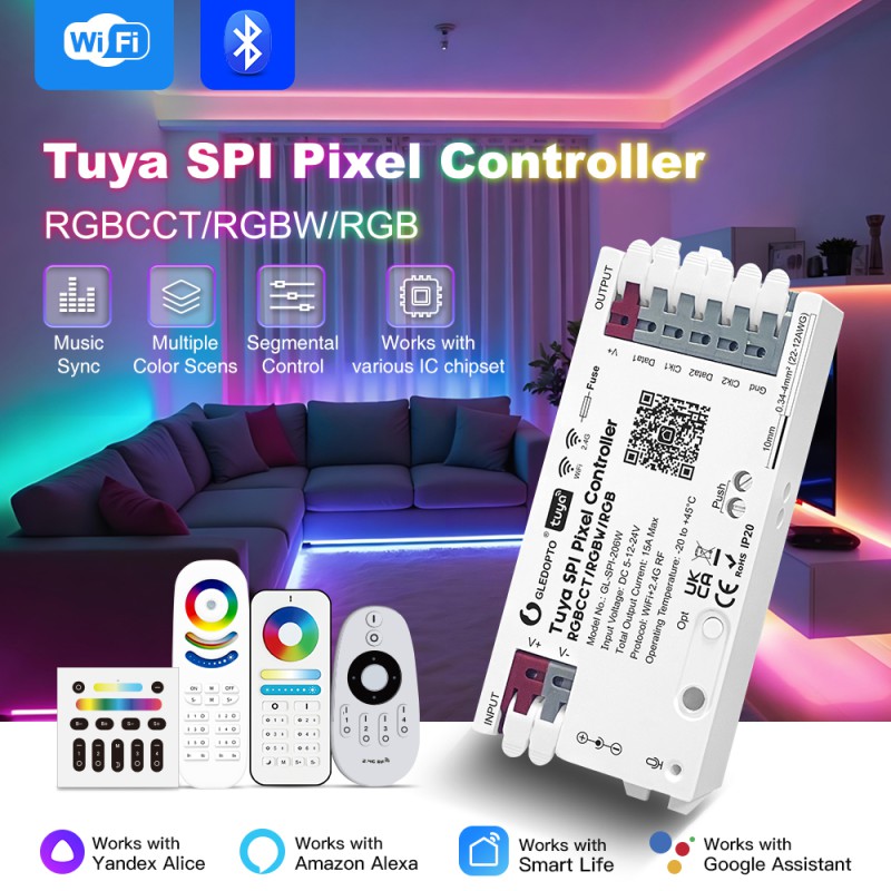 Gledopto Tuya Wi-Fi Pixel LED controller RGB/RGBW/RGBCCT (GL-SPI-206W), DC5~24V, 2*Channels, output signal SPI(TTL)×2 800Kbs, total max 15A output